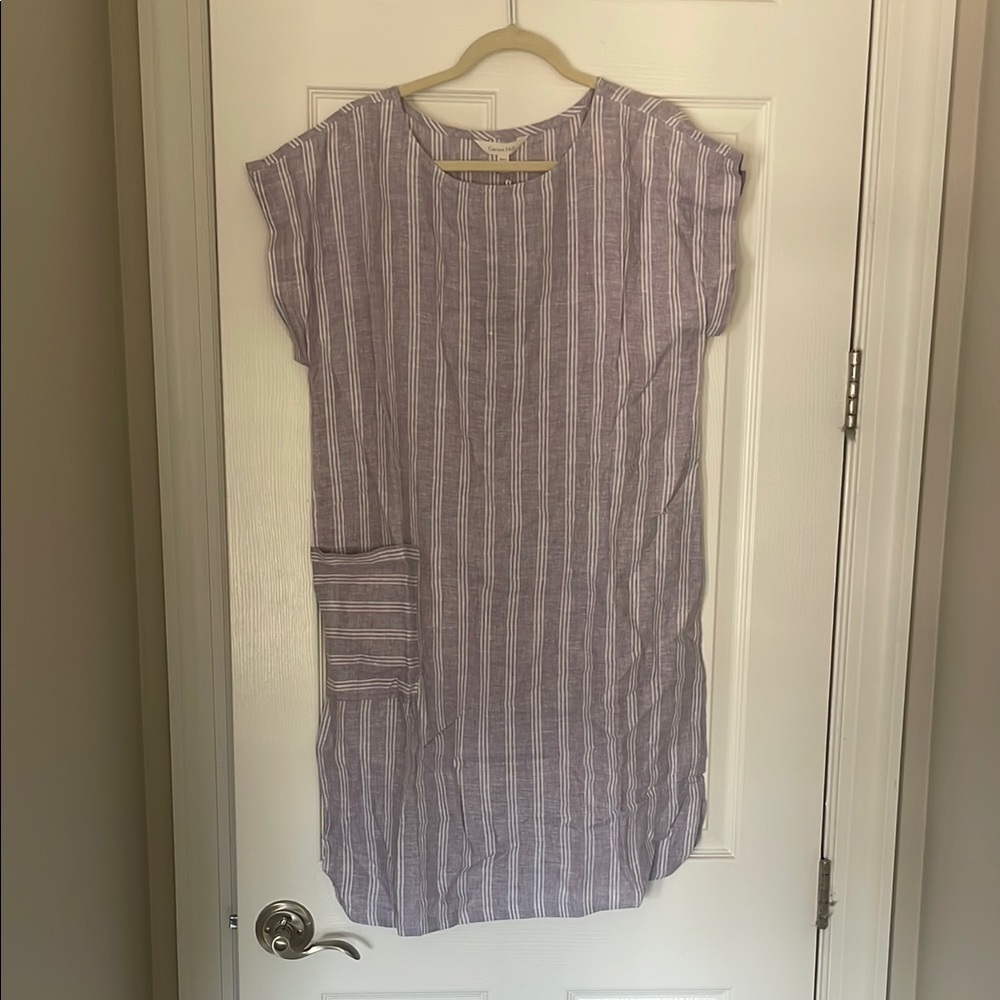 Garnet Hill Striped Purple linen Dress with Pocket